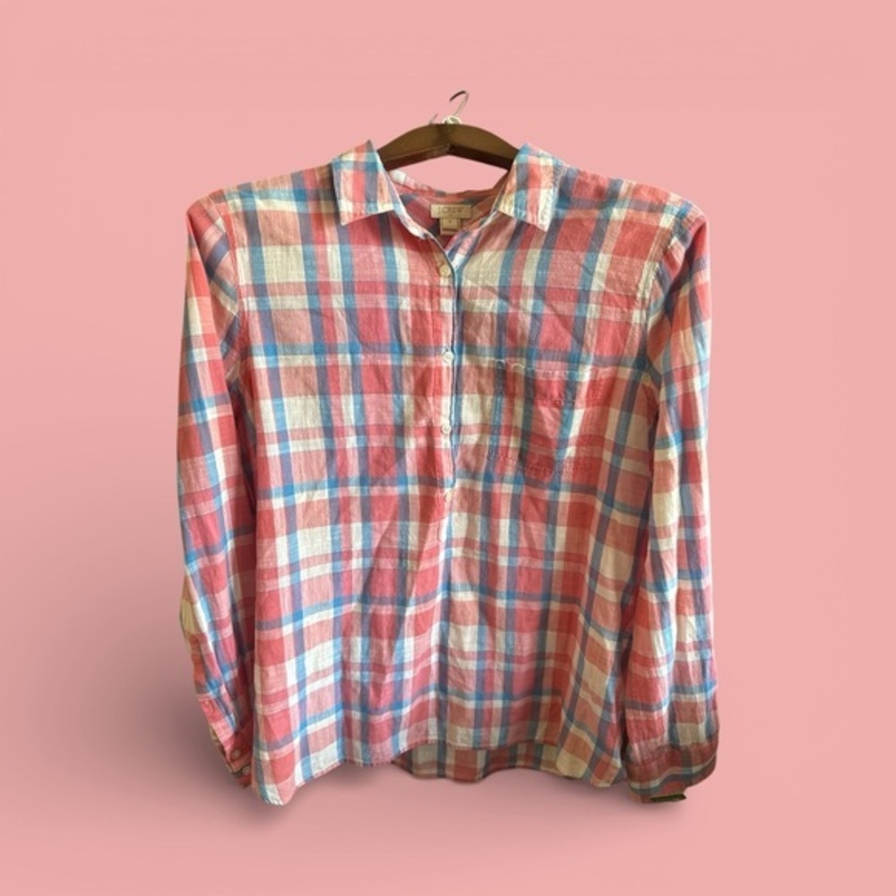 J. Crew Casual Plaid Shirt - Pink, White, and Blue 1/4 Button Long Sleeve Shirt